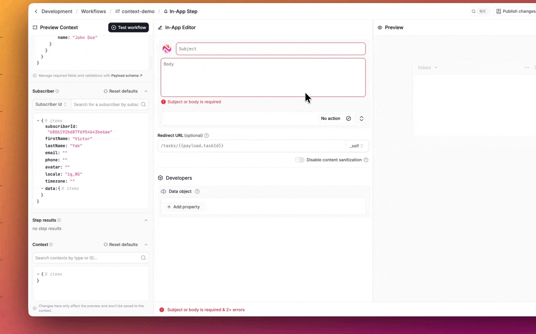 Using context data in the template editor